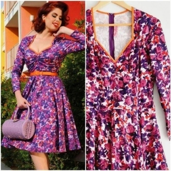 PINUP COUTURE Floral long sleeve midi dress heart neckline and gathered detail - Picture 3 of 16